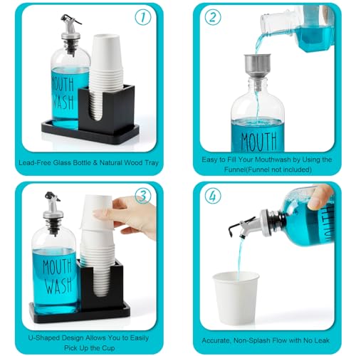 Bivvclaz Glass Mouthwash Dispenser for Bathroom, 16 OZ Mouthwash Dispenser with Pour Spout and Wood Cup Holder and Tray, Mouth Wash Bottle Container, Black Kitchen Bathroom Decor and Accessories - Image 5