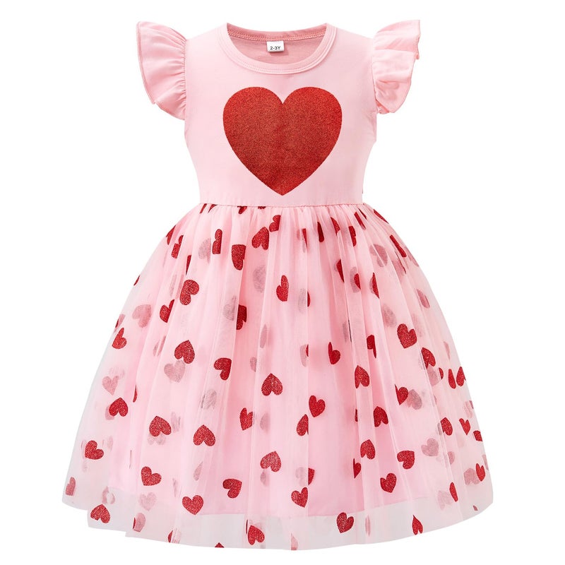 Akyzic Toddler Little Kids Tutu Pink Tulle Glitter Heart Valentines Day Dress Flutter Sleeve Girls Princess Formal Dresses 7 Years - Image 1