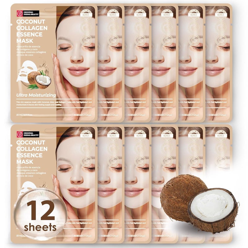 innerest Original Derma Beauty Collagen Face Masks Skincare  12 PK Ultra Moisturizing Coconut Face Mask Skin Care Sheet Masks Set for Beauty  Personal Care Korean Face Mask 