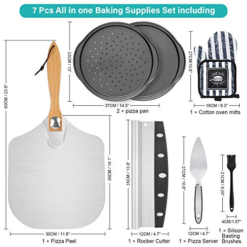 jcaeh Pizza Peel Pizza Pan Set, 7Pcs Pizza Oven Accessories, 12 Inch Metal Pizza Paddle (12"x 14") with Foldable Wooden Handle, 2 Pizza Pans, Rocker Cutter, Pizza Server, Oven Mitts, Oil Brush - Image 2