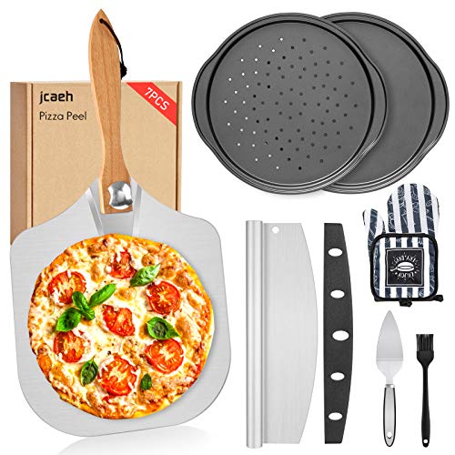 jcaeh Pizza Peel Pizza Pan Set, 7Pcs Pizza Oven Accessories, 12 Inch Metal Pizza Paddle (12"x 14") with Foldable Wooden Handle, 2 Pizza Pans, Rocker Cutter, Pizza Server, Oven Mitts, Oil Brush - Image 1