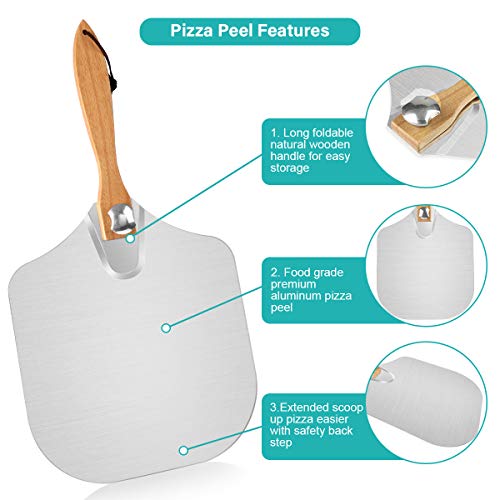 jcaeh Pizza Peel Pizza Pan Set, 7Pcs Pizza Oven Accessories, 12 Inch Metal Pizza Paddle (12"x 14") with Foldable Wooden Handle, 2 Pizza Pans, Rocker Cutter, Pizza Server, Oven Mitts, Oil Brush - Image 5