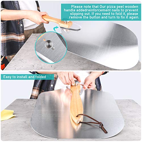 jcaeh Pizza Peel Pizza Pan Set, 7Pcs Pizza Oven Accessories, 12 Inch Metal Pizza Paddle (12"x 14") with Foldable Wooden Handle, 2 Pizza Pans, Rocker Cutter, Pizza Server, Oven Mitts, Oil Brush - Image 4