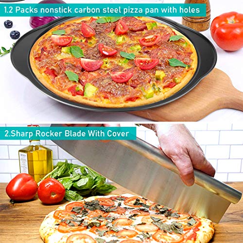 jcaeh Pizza Peel Pizza Pan Set, 7Pcs Pizza Oven Accessories, 12 Inch Metal Pizza Paddle (12"x 14") with Foldable Wooden Handle, 2 Pizza Pans, Rocker Cutter, Pizza Server, Oven Mitts, Oil Brush - Image 3