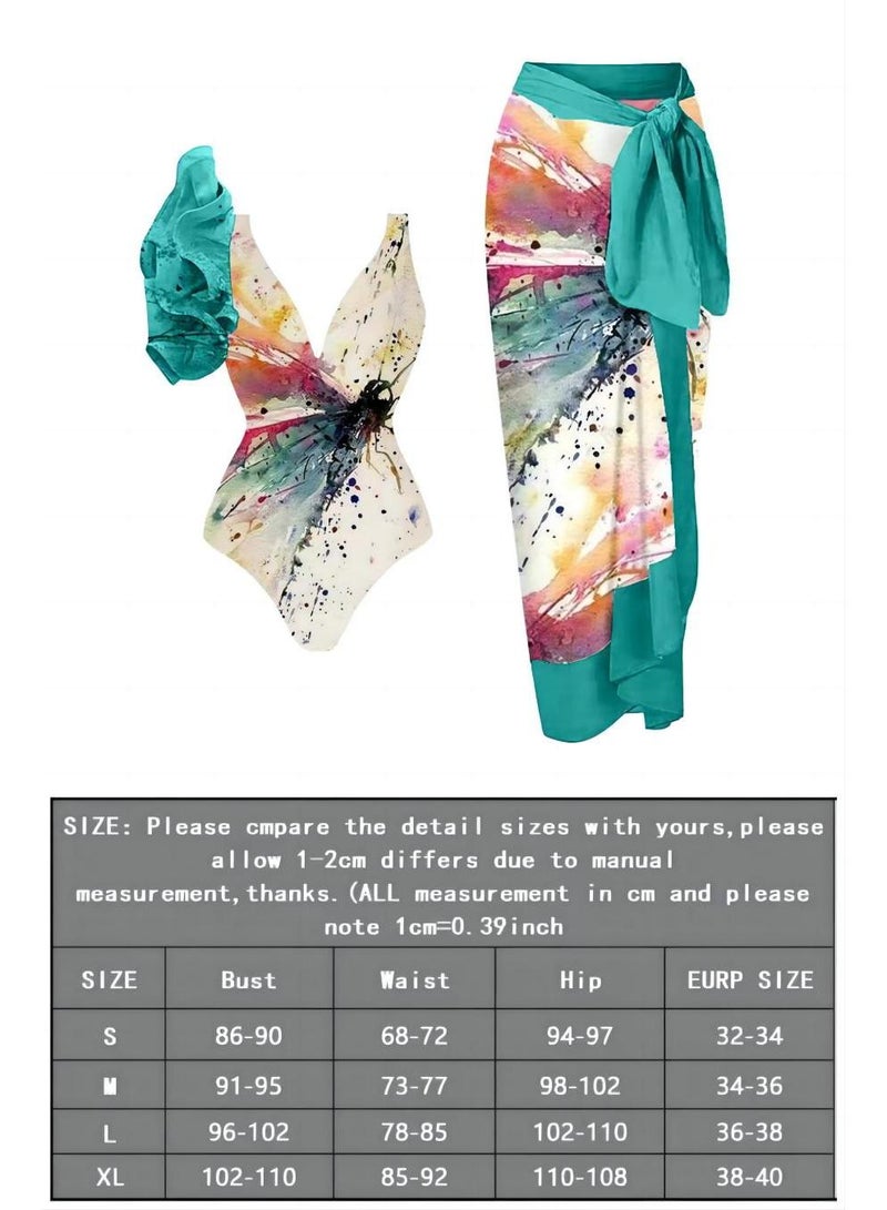 Y&D 2-Piece Women Single Shoulder Lotus Leaf Edge Printed Swimsuit With Skirt Holiday Beach Dress Female Retro Swimwear Vintage Surf Wear Summer  - Image 4