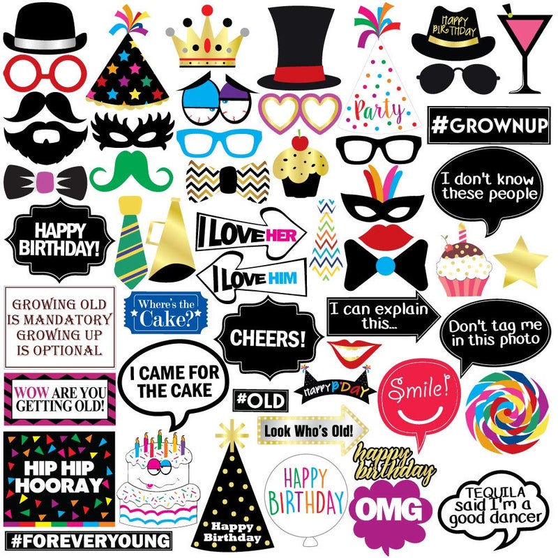 Sterling James Co. Funny Birthday Photo Booth Props - 47 Pieces - 21st - 30th - 40th - 50th - 60th - 70th - 80th - 90th - Birthday Party Supplies, Decorations and Favors Multi Color - Image 1