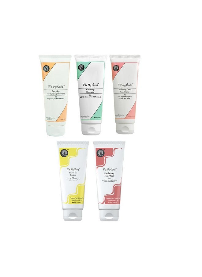 Fix My Curls - All In One Curl Kit With Cleansing & Moisturising Shampoo Conditioner & Curl Defining Cream & Gel (Pack Of 5) | For Curly Wavy Dry & Frizzy Hair |Sulphate & Silicone Free 100Gm Each - Image 1