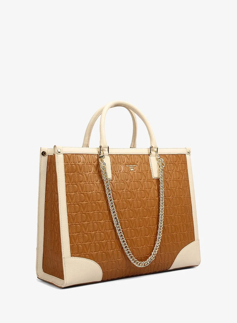 دا ميلانو حقيبة يد متوسطة من الجلد بنقش شعار - لون كراميل