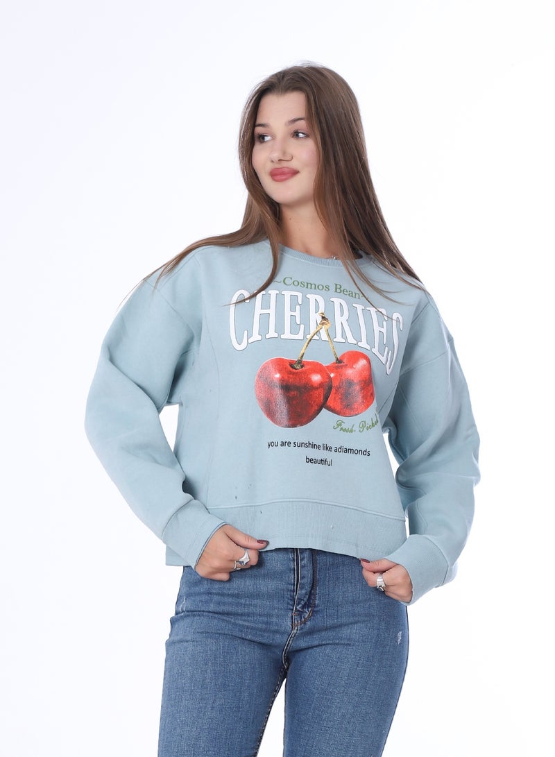 بيبو سويت شيرت نسائي بطبعة، وأكمام طويلة_بترولي - Image 1