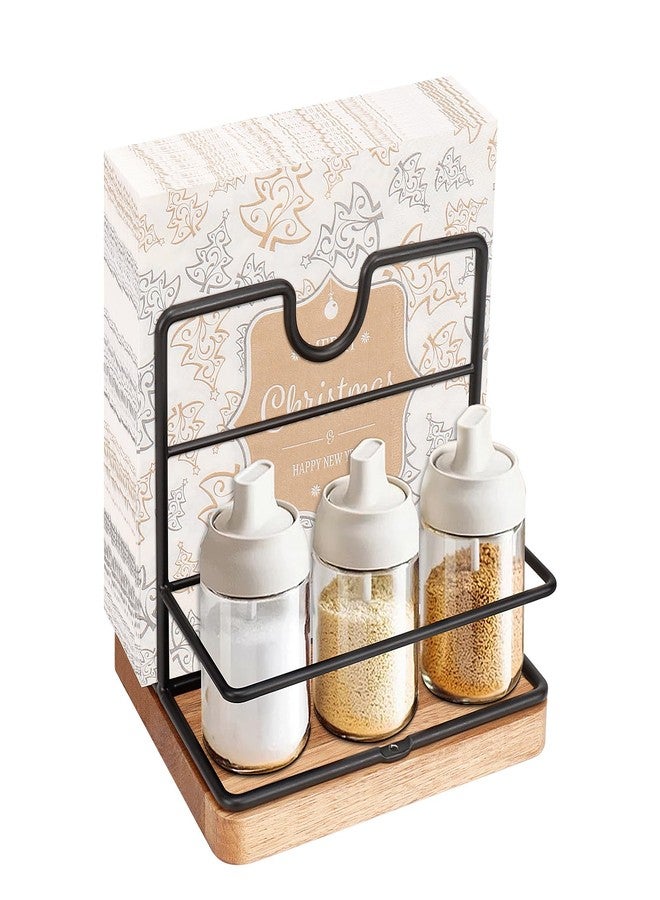 Livabber Napkin Holder, Metal Napkin Storage with Salt and Pepper Shakers Caddy Modern Napkin Dispenser for Table Kitchen Countertop, Not Including Salt and Pepper Shakers (Middle Wooden, Black) - Image 1