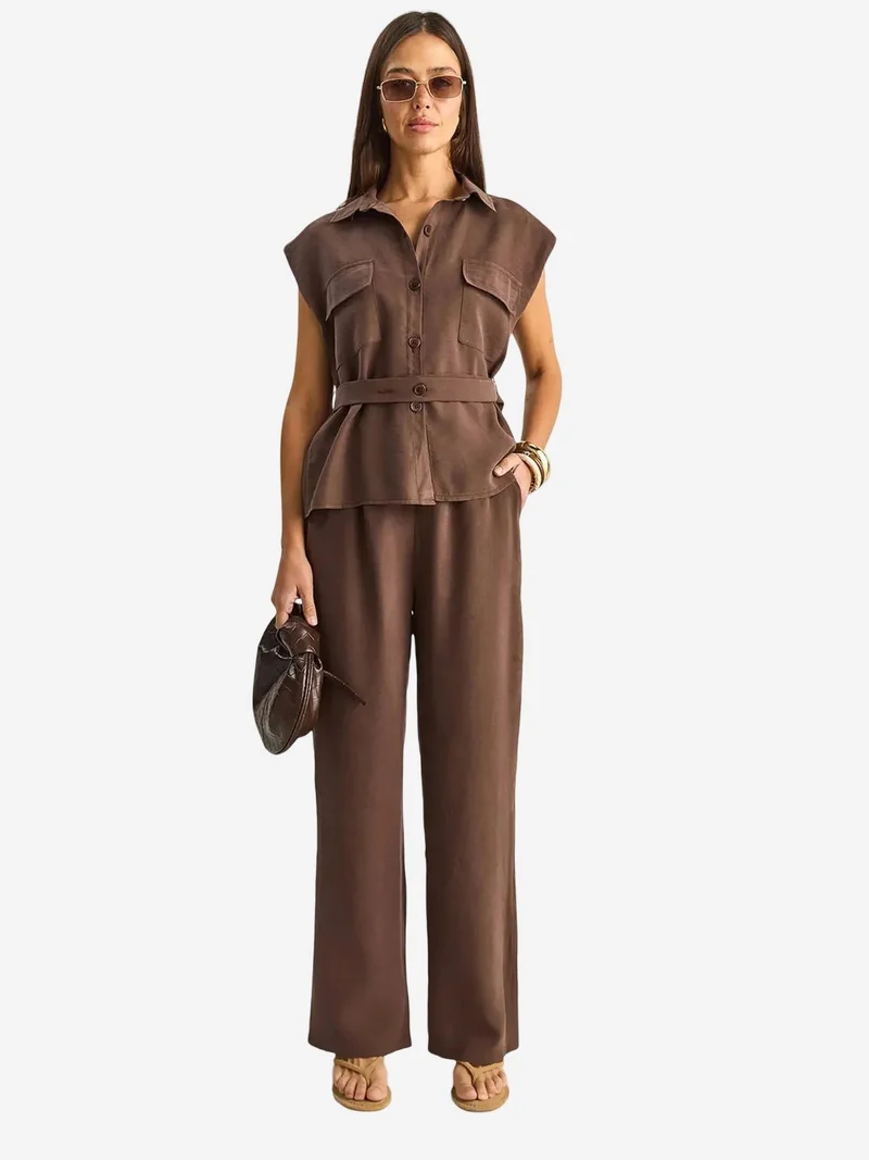 بيانكو لوتشي LUCCI Belted Sleeveless Blouse And Wide-Leg Trousers Set