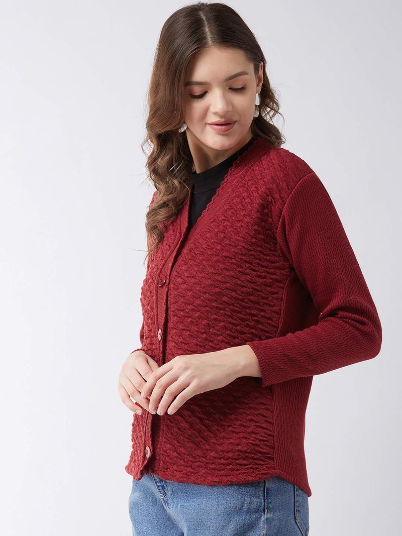 Pivl Self Design V Neck Casual Women Sweater/Cardigan for Winter (X-Large, Maroon) - Image 3