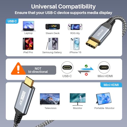 LDLrui USB C to Mini HDMI Cable 5Ft (Not HDMI),4K@60Hz/2K/1080P Type C to Mini HDMI 2.0 HDR Cord for Laptop,MacBook,ROG Ally,iPhone 15 Series,Galaxy S Series,Steam Deck to Portable Monitor - Image 5
