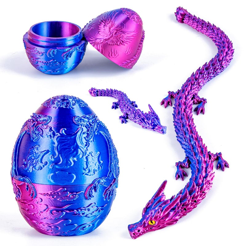 dikale 3D Printed Dragon Egg Toy with 2 Articulated Dragons Christmas Easter Stocking Stuffers Fantasy Decor Fidget Toys Classroom Prize Supplies Gift Silk Rose Red Dark Blue - Image 3