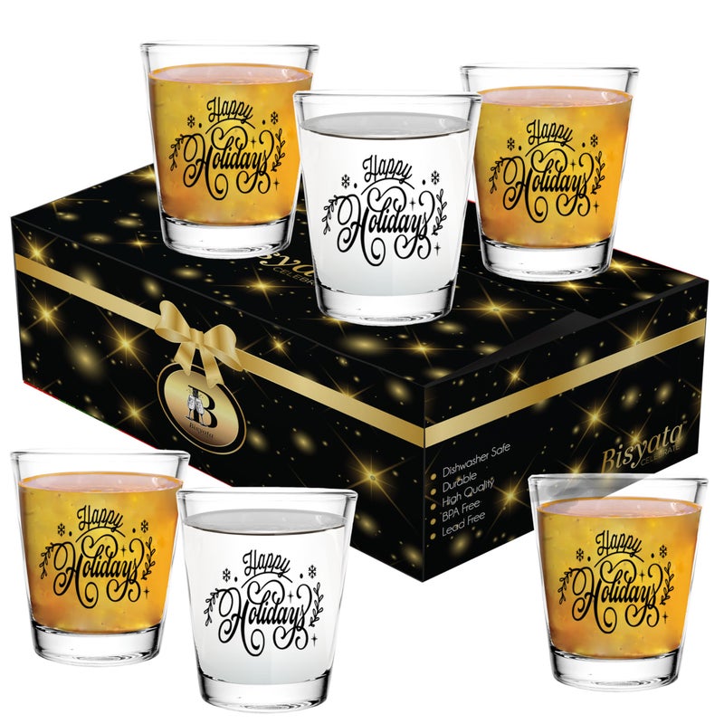 BISYATA طقم هدايا كؤوس الشوت من بيسياتا لعيد الميلاد  عطلات سعيدة  هدية لعيد الميلاد وعيد الشكر  أدوات شرب زجاجية أو حامل شمعة للزينة على الطاولة  2 أونصة مجموعة من 6  مع صندوق هدايا