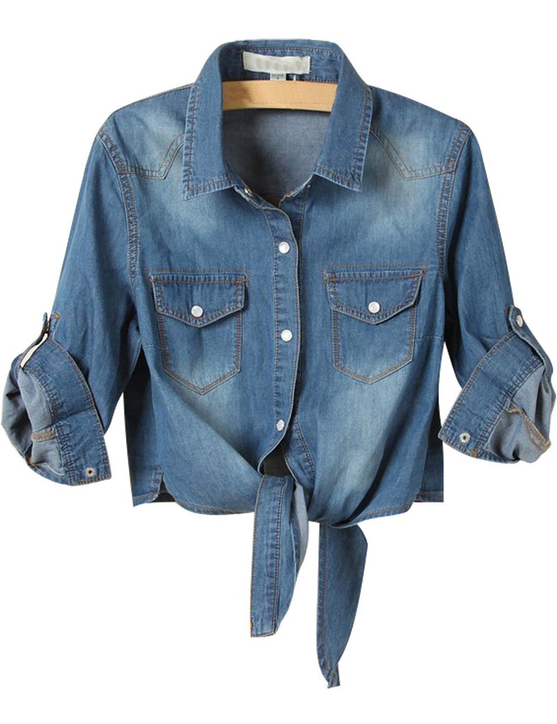PUWEI Womens Denim Shirts Casual Button Up 34 Sleeve Tie Front Jean Crop Tops 1699DarkBlueXS