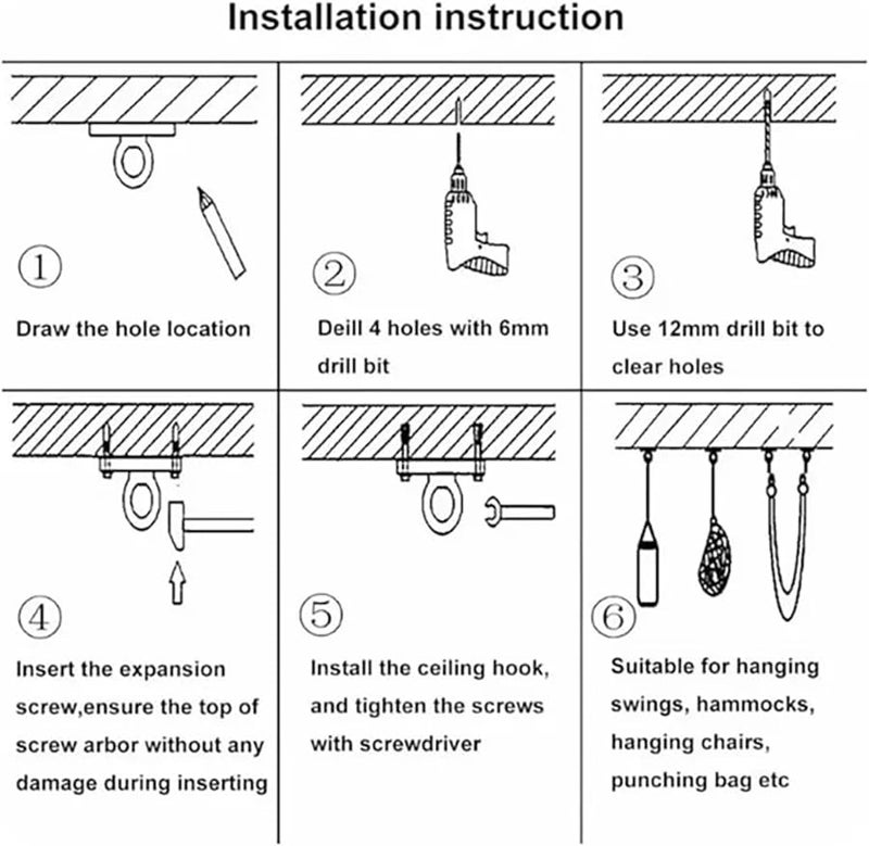خطافات حائط وسقف ثقيلة من الفولاذ المقاوم للصدأ، مجموعة من 6 لتعليق النباتات وكرسي الأرجوحة - Image 4