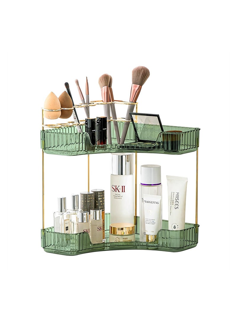 2-Tier Corner Bathroom Organizer, Bathroom Countertop Perfume Tray and Vanity Organizer, Makeup Organizer with Brush Holder Vanity Organizer for Bathroom Kitchen Dresser, Green - Image 1