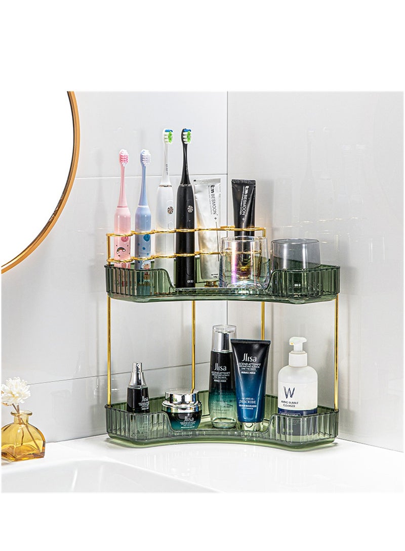 2-Tier Corner Bathroom Organizer, Bathroom Countertop Perfume Tray and Vanity Organizer, Makeup Organizer with Brush Holder Vanity Organizer for Bathroom Kitchen Dresser, Green - Image 2