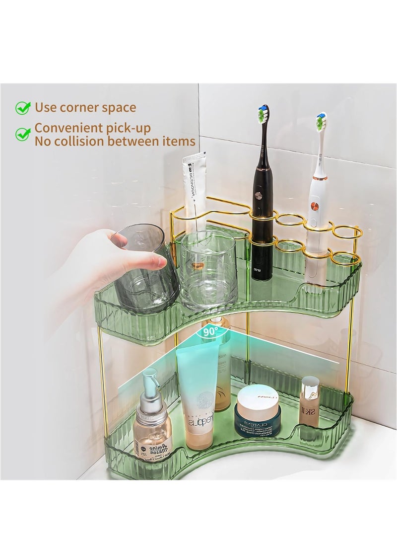 2-Tier Corner Bathroom Organizer, Bathroom Countertop Perfume Tray and Vanity Organizer, Makeup Organizer with Brush Holder Vanity Organizer for Bathroom Kitchen Dresser, Green - Image 3