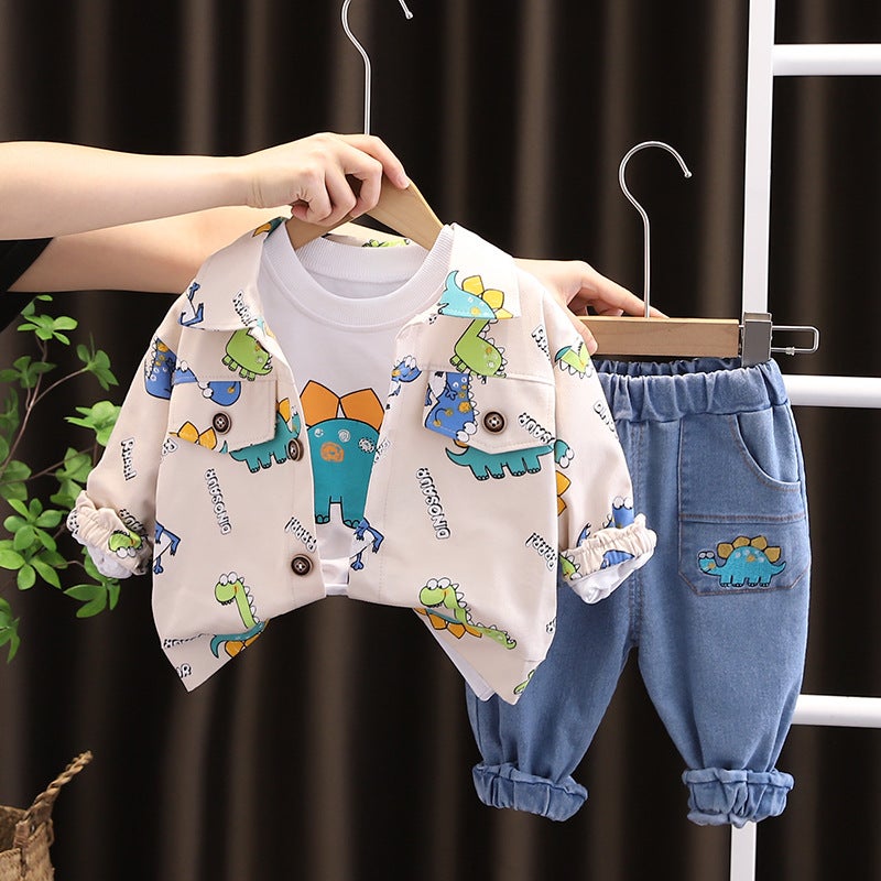 Childrens Clothing Boys and Girls Childrens Baby Three-piece Set 2024 Spring and Autumn Cartoon Printed Dinosaur Jacket Round Neck Sweater Three-piece Set Creamy-white  - Image 1