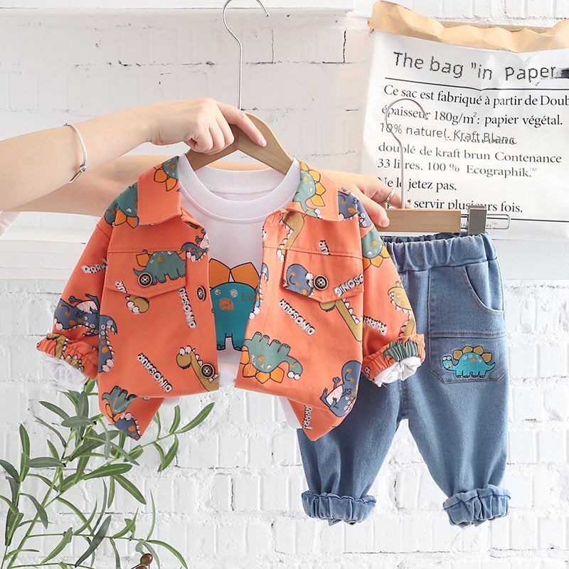 Childrens Clothing Boys and Girls Childrens Baby Three-piece Set 2024 Spring and Autumn Cartoon Printed Dinosaur Jacket Round Neck Sweater Three-piece Set Creamy-white  - Image 5
