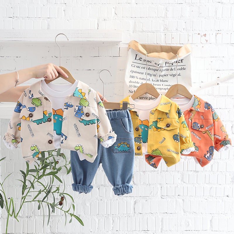 Childrens Clothing Boys and Girls Childrens Baby Three-piece Set 2024 Spring and Autumn Cartoon Printed Dinosaur Jacket Round Neck Sweater Three-piece Set Creamy-white  - Image 3