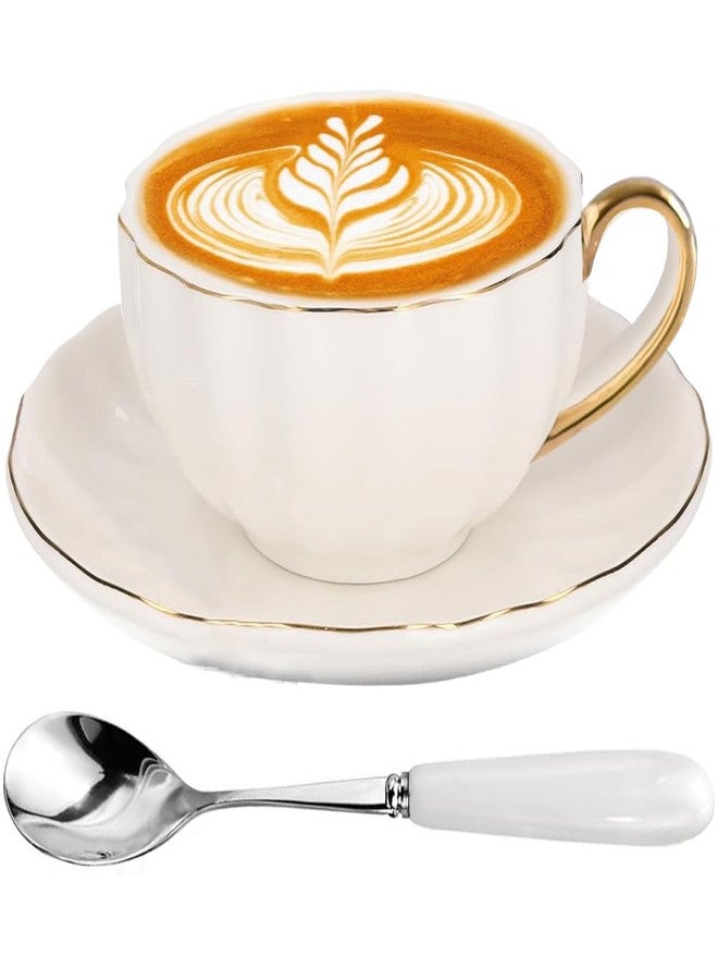 ONEUSTAR Tea Cup and Saucer Set for 1 Bone China English Tea Cup with Spoon 8 oz Teacup Coffee Cappuccino Latte Mug with Gold Trim, White - Image 1