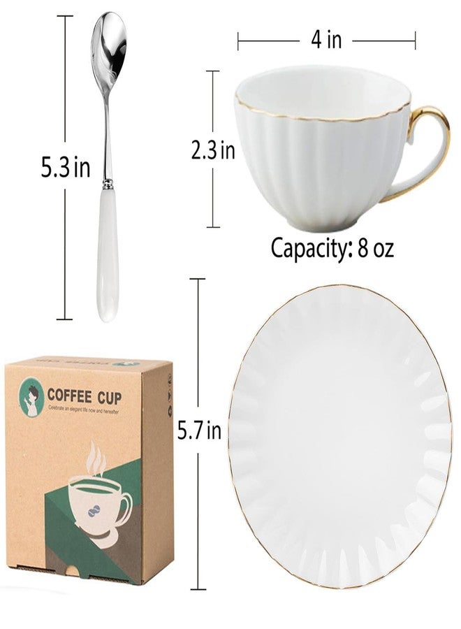 ONEUSTAR Tea Cup and Saucer Set for 1 Bone China English Tea Cup with Spoon 8 oz Teacup Coffee Cappuccino Latte Mug with Gold Trim, White - Image 5