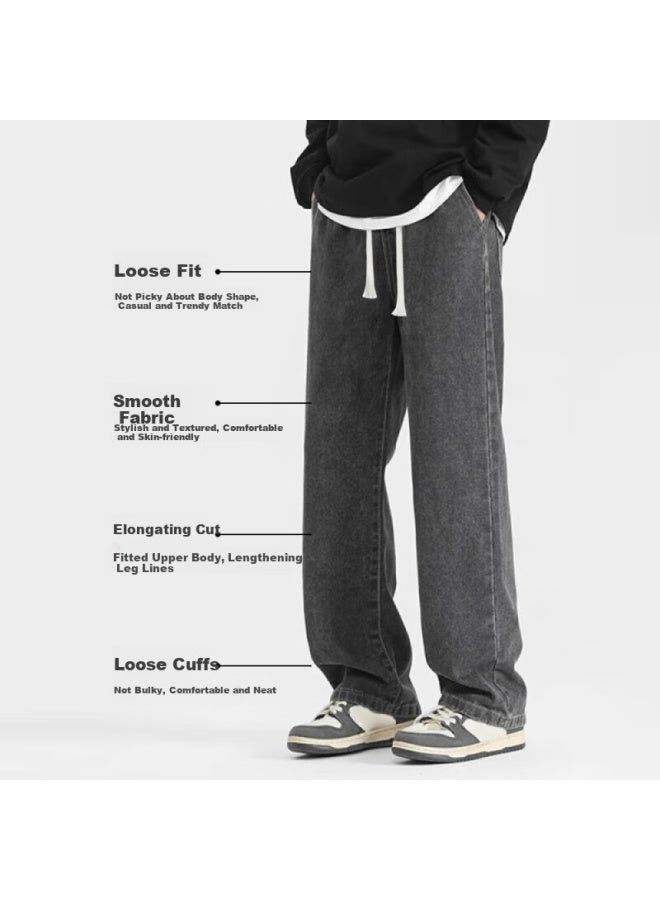 Homlean Retro Washed Denim Jeans Men Spring Summer Straight Wide Leg Casual Pants Hs19 Black Gray XL - Image 2
