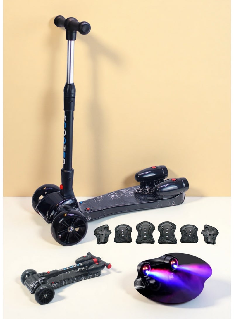 EASY FUTURE Water Spray Smoke Effect & Bluetooth Music 3 Wheel Kick Scooter for Kids Ages 3-14, LED Light-Up Wheels, Lean to Steer – Foldable & Safe Ride Including Protective Gear Set - Image 1