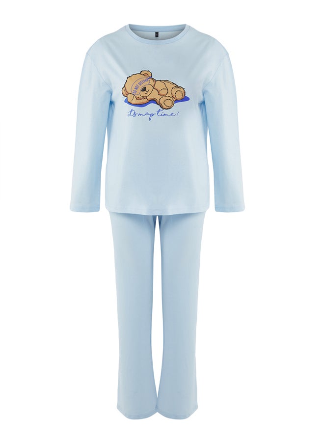 trendyol Blue 100% Cotton Teddy Bear and Slogan Printed Knitted Pajama Set - Image 5