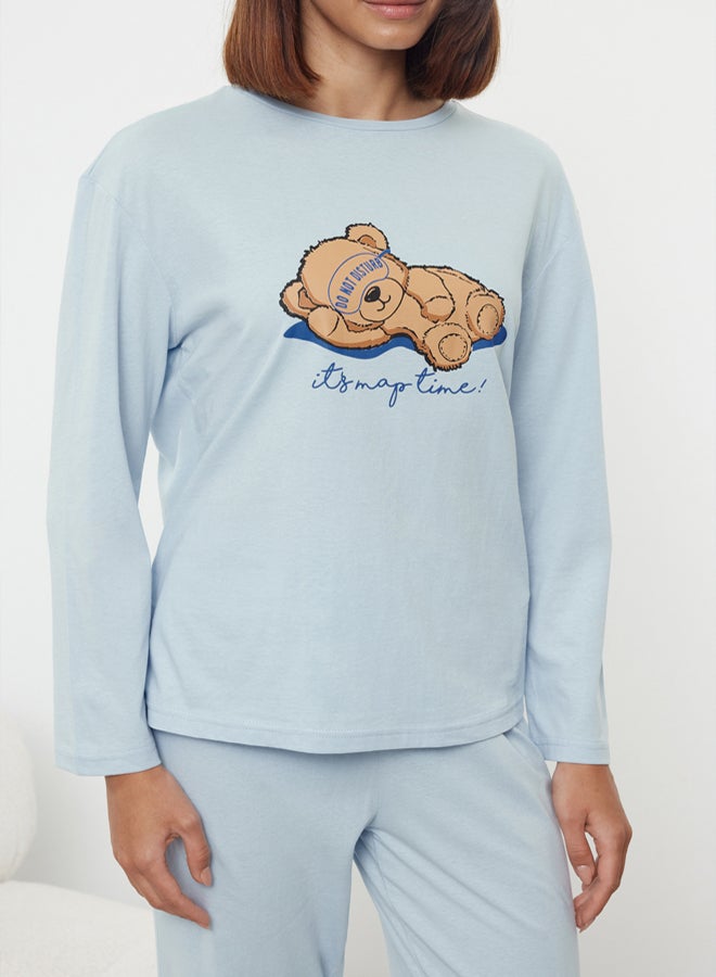trendyol Blue 100% Cotton Teddy Bear and Slogan Printed Knitted Pajama Set - Image 3