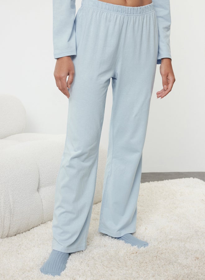 trendyol Blue 100% Cotton Teddy Bear and Slogan Printed Knitted Pajama Set - Image 4