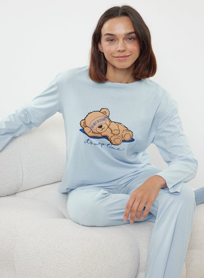trendyol Blue 100% Cotton Teddy Bear and Slogan Printed Knitted Pajama Set - Image 1
