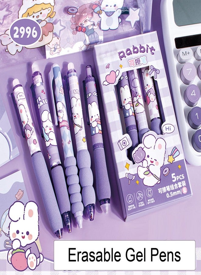 MOZXIRZ 5 Pcs Erasable Gel Pens Cute Retractable Pens Cartoon Purple Writing Pen 0.5mm Blue Ink Erasable Pen for Women Girls Boys Office School Supplies (Purple Bunny-Blue Ink) - Image 2