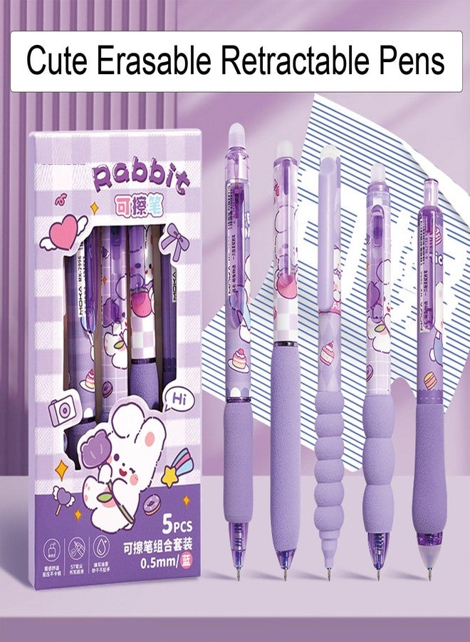 MOZXIRZ 5 Pcs Erasable Gel Pens Cute Retractable Pens Cartoon Purple Writing Pen 0.5mm Blue Ink Erasable Pen for Women Girls Boys Office School Supplies (Purple Bunny-Blue Ink) - Image 3
