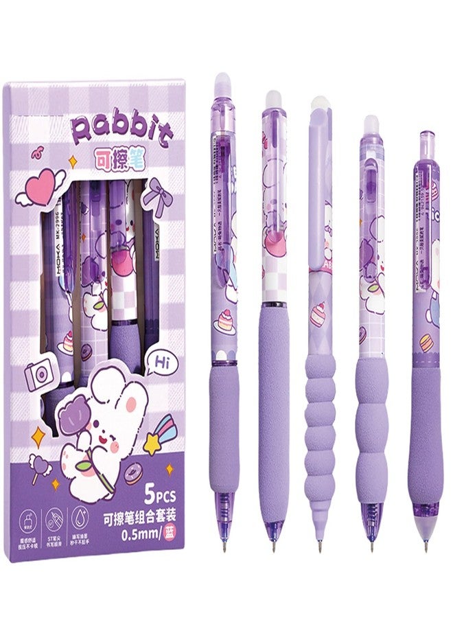 MOZXIRZ 5 Pcs Erasable Gel Pens Cute Retractable Pens Cartoon Purple Writing Pen 0.5mm Blue Ink Erasable Pen for Women Girls Boys Office School Supplies (Purple Bunny-Blue Ink) - Image 1