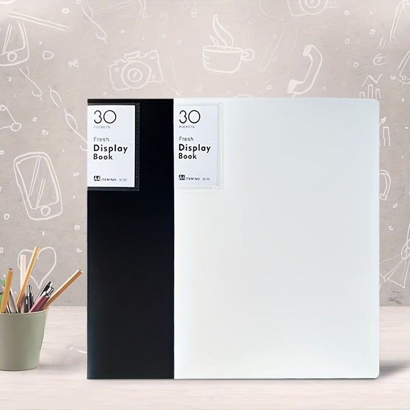 A4 Loose Leaf Folder 40 Pages Large Capacity Durable Matte Cover Office File Folder Transparent Inner Page Design For Document Storage Restaurant Menu Book Sheet Music Display Book Black White - Image 3