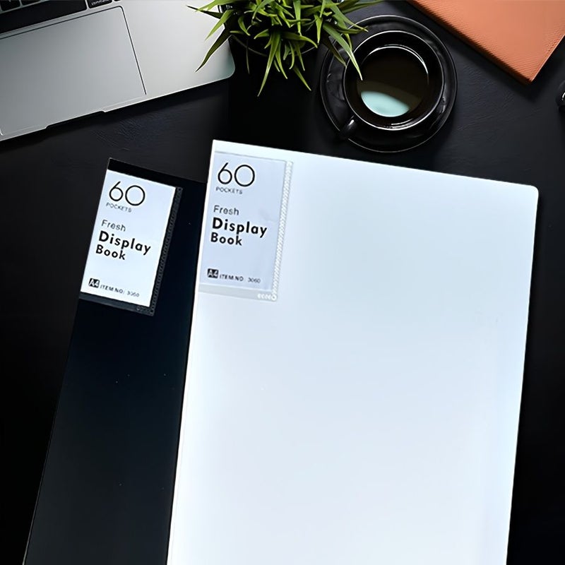 A4 Loose Leaf Folder 40 Pages Large Capacity Durable Matte Cover Office File Folder Transparent Inner Page Design For Document Storage Restaurant Menu Book Sheet Music Display Book Black White - Image 1