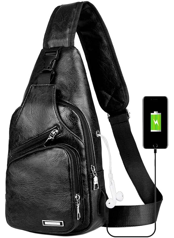 S-TOP Leather Sling Bag Mens Crossbody Bag Chest Bag Sling Backpack for Men with USB Charge Port - Image 1