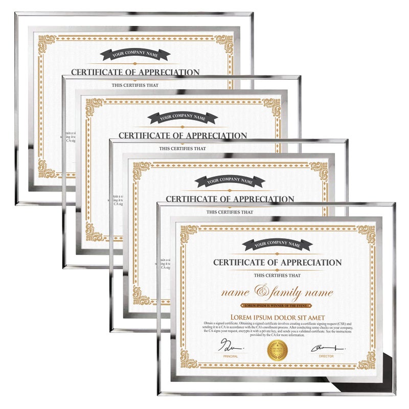 Hoikwo 85x11 Picture Frames 4 Packs Silver Glass Certificate Frames for Document Diploma Award Only for Tabletop Display Vertically or Horizontally