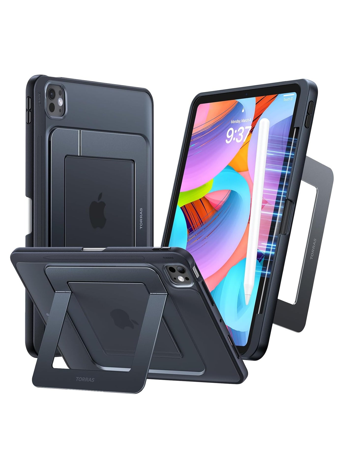 TORRAS Ostand for iPad Pro 11-inch Case 2024 (M4) Ultra Stable Stand, Multiple Adjustable Viewing Angles, Slim Protective Kickstand Cover, Translucent iPad 11 Pro Case with Pencil Holder, Black Black
