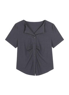 Bubble-sleeved Slim-fit Short-sleeved Knitted Shirt For Chubby Girls Large Size Women's Shoulder Pleated Waist 62886 Top