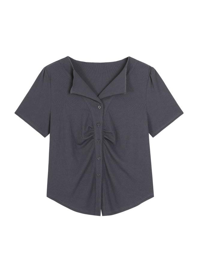 Generic - Bubble-sleeved Slim-fit Short-sleeved Knitted Shirt For Chubby Girls Large Size Women's Shoulder Pleated Waist 62886 Top - Image 1