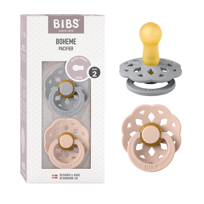 BIBS Pacifiers - Boheme Collection | BPA-Free Round Nipple | Nautral Rubber Latex | Made in Denmark | Set of 2 Cloud/Blush Color Premium Soothers | Size 6-18 Months - Image 1