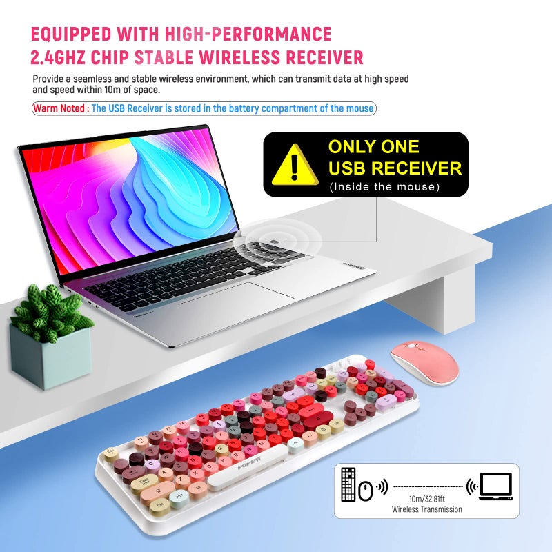 FOPETT Wireless Keyboard and Mouse Sets,Reliable 2.4 GHz Connectivity for PC,Laptop,Smart TV and More (White Colorful) - Image 3