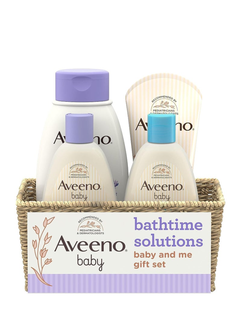 Aveeno Baby مجموعة هدايا Aveeno Baby Bathtime Solutions Baby &amp; Me مع غسول وشامبو للأطفال، حمام وغسول مهدئ للأطفال، لوشن مرطب يومي للأطفال وغسول للجسم لتخفيف التوتر للأم، خالية من الصابون، 4 قطع  - Image 1