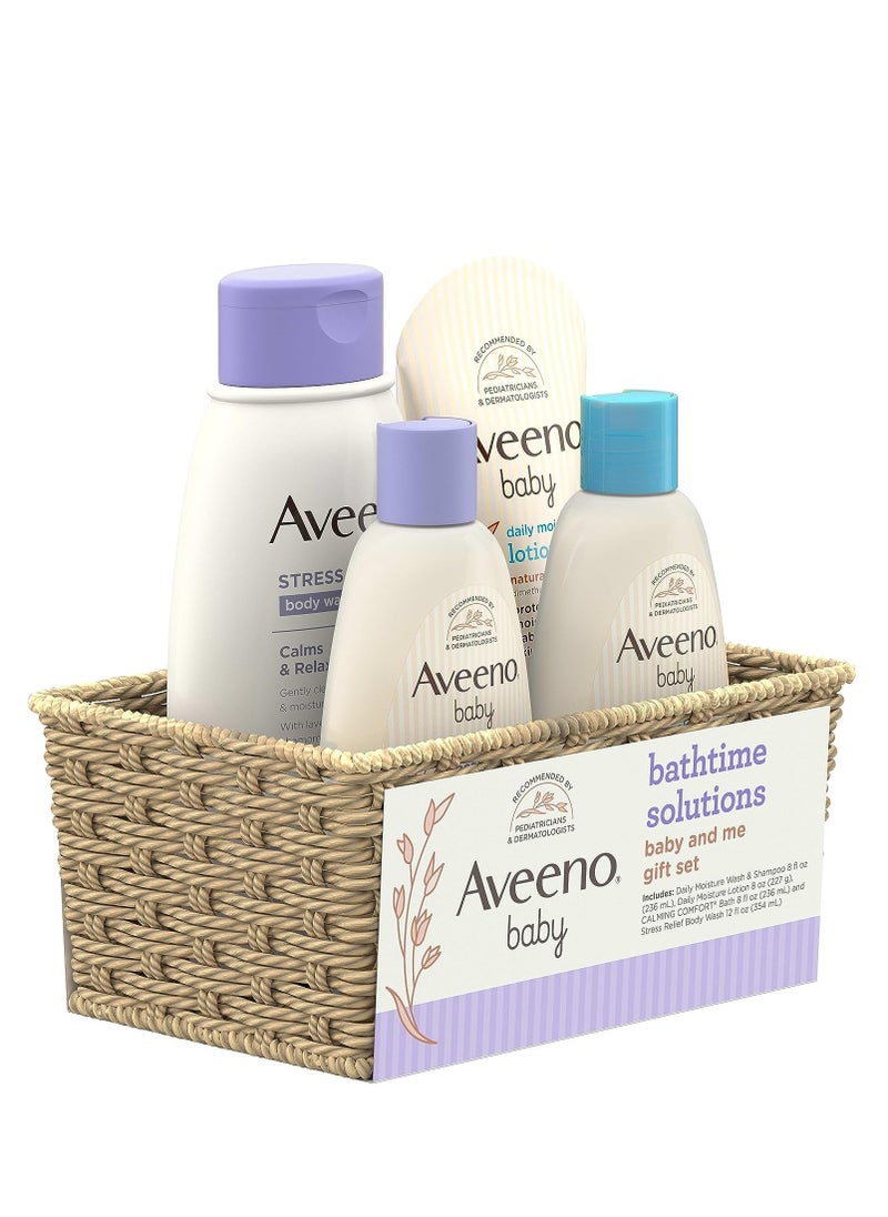 Aveeno Baby مجموعة هدايا Aveeno Baby Bathtime Solutions Baby &amp; Me مع غسول وشامبو للأطفال، حمام وغسول مهدئ للأطفال، لوشن مرطب يومي للأطفال وغسول للجسم لتخفيف التوتر للأم، خالية من الصابون، 4 قطع  - Image 2