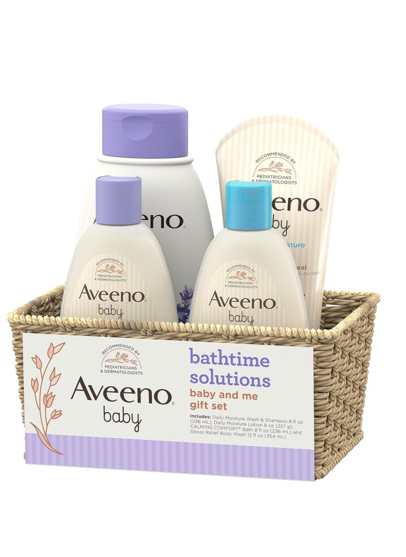Aveeno Baby مجموعة هدايا Aveeno Baby Bathtime Solutions Baby &amp; Me مع غسول وشامبو للأطفال، حمام وغسول مهدئ للأطفال، لوشن مرطب يومي للأطفال وغسول للجسم لتخفيف التوتر للأم، خالية من الصابون، 4 قطع  - Image 4